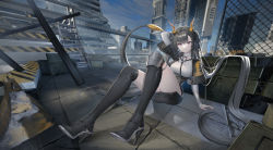 Rule 34 | 1girl, absurdres, arknights, arknights: endfield, arm up, black hair, boots, breasts, building, chain-link fence, commentary, dragon girl, dragon horns, dragon tail, chen qianyu (arknights), fence, full body, high heels, highres, horns, jacket, ladder, long hair, looking at viewer, medium breasts, open clothes, open jacket, prototype design, purple eyes, shirt, sitting, skirt, sky, smile, soho (user dphk5745), solo, tail, thigh boots, thighs, twintails, yellow horns