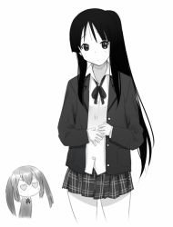 Rule 34 | akiyama mio, alternate hairstyle, greyscale, k-on!, katatsuka kouji, long hair, monochrome, nakano azusa, ponytail, school uniform