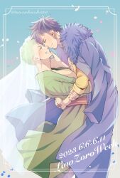 Rule 34 | 2boys, black hair, blue background, blush, chest tattoo, coat, dated, earrings, english text, eye contact, facial hair, falling petals, framed, fur-trimmed coat, fur trim, goatee, green hair, green kimono, grin, highres, hug, imminent kiss, japanese clothes, jewelry, kimono, long sideburns, looking at another, male focus, multiple boys, no headwear, one piece, pectorals, petals, roronoa zoro, scar, scar on chest, shirt, short hair, sideburns, sleeves rolled up, smile, suzuhashi00, tattoo, trafalgar law, twitter username, veil, yaoi, yellow shirt