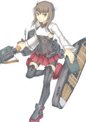 Rule 34 | 10s, 1girl, bike shorts, book, bow (weapon), brown eyes, brown hair, crossbow, flat chest, headband, headgear, kantai collection, personification, pleated skirt, purutoppu (toranohige), short hair, skirt, solo, taihou (kancolle), thighhighs, weapon