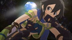 Rule 34 | 10s, 1boy, 1girl, asada shino, black eyes, black gloves, black hair, blue eyes, blue scarf, covering another&#039;s mouth, fingerless gloves, game cg, gloves, grabbing, grabbing another&#039;s breast, hair ornament, hand over another&#039;s mouth, hetero, kirito, looking at viewer, scarf, short hair, sinon (sao:hf), sword art online, sword art online: hollow realization, watermark
