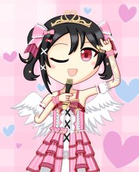 Rule 34 | 1girl, arm ribbon, artist name, artist request, bare shoulders, black hair, blush, bow, breasts, cleavage, collarbone, cross-laced clothes, cross-laced dress, dress, earrings, female focus, hair bow, hair ornament, hairclip, heart, heart earrings, heart hair ornament, heart necklace, highres, holding, holding microphone, jewelry, looking at viewer, love live!, love live! school idol festival, love live! school idol festival all stars, love live! school idol project, microphone, natural0413, necklace, parted lips, pink bow, pink dress, pink wrist cuffs, red eyes, ribbon, short hair, skirt, small breasts, smile, solo, star (symbol), star hair ornament, striped clothes, striped skirt, tiara, twintails, white legwear, white skirt, white wings, wings, wrist cuffs, x hair ornament, yazawa nico