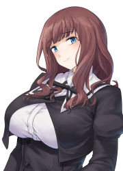 Rule 34 | 1girl, absurdres, assault lily, black ribbon, black skirt, blue eyes, blunt bangs, blush, breasts, brown hair, buttons, closed mouth, commentary request, cropped jacket, head tilt, high-waist skirt, highres, juliet sleeves, kaede johan nouvel, large breasts, long hair, long sleeves, looking at viewer, neck ribbon, pondo (peng-model), puffy sleeves, ribbon, school uniform, shirt, sidelocks, simple background, skirt, smile, solo, upper body, wavy hair, white background, white shirt, yurigaoka girls academy school uniform