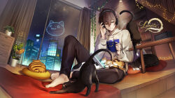 Rule 34 | 1boy, barefoot, black pants, book, bookshelf, brown eyes, brown hair, cat, clip studio paint (medium), closed mouth, commentary request, cup, curtains, drawstring, half-closed eyes, hand up, headphones, holding, holding cup, hood, hood down, hoodie, indoors, jh, lanota, male focus, mug, night, night sky, official art, pants, sky, smile, solo, star (sky), starry sky, steam, string of light bulbs, tablet pc, white hoodie, window