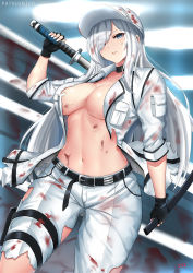 Rule 34 | 1girl, baseball cap, belt, black belt, black gloves, blood, blood in hair, blood on clothes, blue eyes, breasts, cleavage, collarbone, cowboy shot, cyicheng, eyes visible through hair, fingerless gloves, gloves, hair over one eye, hat, hataraku saibou, holding, holding weapon, jacket, large breasts, long hair, nail polish, navel, open clothes, open shirt, patreon username, pouch, shirt, solo, stomach, sword, thigh pouch, torn clothes, torn jacket, torn legwear, u-1196, uniform, watermark, weapon, white blood cell (hataraku saibou), white hair, white hat, white jacket, white legwear, white nails