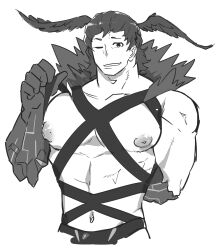 Rule 34 | 1boy, abs, absurdres, bara, bare pectorals, character request, cropped legs, granblue fantasy, greyscale, head wings, highres, large areolae, large pectorals, looking at viewer, male focus, monochrome, muscular, muscular male, navel, nipples, one eye closed, pectorals, puffy chest, pulling own clothes, sekigan no samurai (gatu 1221), solo, thick eyebrows, wings