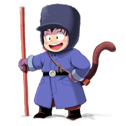 Rule 34 | 1boy, :d, belt, black eyes, black hair, blush stickers, boots, coat, dragon ball, gloves, hand on own hip, happy, hat, looking away, male focus, ruyi jingu bang, open mouth, simple background, smile, snow, solo, son goku, standing, tail, togatsuko, white background, winter clothes