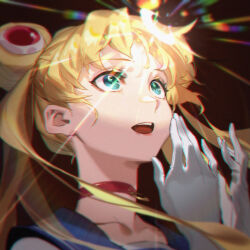Rule 34 | 1girl, bare shoulders, bishoujo senshi sailor moon, blonde hair, blue eyes, brown background, choker, collarbone, commentary, crescent, crescent choker, crescent in eye, double bun, elbow gloves, english commentary, eyelashes, gem, gloves, hair bun, hair ornament, hands up, light, long hair, looking up, open mouth, red choker, red gemstone, sailor moon, shirt, simple background, sleeveless, sleeveless shirt, smile, solo, symbol in eye, teeth, tongue, tsukino usagi, twintails, upper body, white gloves, white shirt