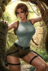 Rule 34 | 1girl, armpits, blurry, blurry background, braid, braided ponytail, brown eyes, brown hair, dirty, fingerless gloves, gloves, gun, highres, holster, holstered, jungle, lara croft, looking at viewer, nature, parted lips, sciamano240, shirt, short shorts, shorts, sleeveless, solo, statue, strap, tank top, temple, tomb raider, torn clothes, torn shirt, weapon