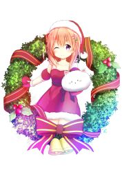 Rule 34 | 1girl, ;), absurdres, angora rabbit, animal, animal ears, aoi thomas, bad id, bad pixiv id, bare shoulders, bell, blush, bow, brown hair, christmas, christmas wreath, closed mouth, collarbone, commentary request, detached sleeves, dress, fur-trimmed dress, fur-trimmed headwear, fur-trimmed mittens, fur-trimmed sleeves, fur trim, gochuumon wa usagi desu ka?, hair between eyes, hair ornament, hairclip, hat, highres, holding, holding animal, holly, hoto cocoa, long hair, looking at viewer, mittens, one eye closed, outstretched arm, puffy short sleeves, puffy sleeves, purple eyes, rabbit, red bow, red dress, red hat, red mittens, santa costume, santa hat, short sleeves, smile, striped, striped bow, tippy (gochiusa), white background, wreath