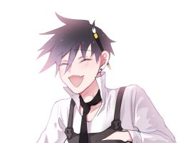 Rule 34 | 1girl, bad id, bad twitter id, black hair, blush, brush, collarbone, earrings, eyebrows, closed eyes, fang, hand in pocket, jewelry, necktie, open mouth, overwatch, overwatch 1, panza, pocket, shirt, short hair, simple background, smile, solo, star (symbol), star earrings, stud earrings, suspenders, tracer (overwatch), white background, white shirt