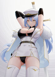Rule 34 | 1girl, arkhangelsk (azur lane), armpits, azur lane, black gloves, black panties, blue hair, boots, breasts, cloak, closed mouth, coat, coat dress, dress, elbow gloves, feet out of frame, from behind, fur-trimmed cloak, fur trim, gloves, hat, heart, heart-shaped pupils, highres, holding, holding sword, holding weapon, kojo (0124), light blue hair, long hair, looking at viewer, md5 mismatch, medium breasts, panties, resolution mismatch, silver hair, simple background, skindentation, solo, source smaller, standing, sword, sword behind back, symbol-shaped pupils, thigh boots, thighhighs, thighs, underboob, underwear, very long hair, weapon, white background, white cloak, white coat, white dress, white footwear, white hat, yellow eyes