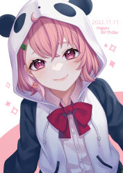 Rule 34 | 1girl, 2022, animal ears, animal hood, black jacket, bow, bowtie, closed mouth, collared shirt, dated, dress shirt, fake animal ears, fang, fang out, hair between eyes, happy birthday, highres, hood, hood up, jacket, long sleeves, looking at viewer, mole, mole under eye, multicolored clothes, multicolored jacket, nijisanji, open clothes, open jacket, panda ears, panda hood, pink hair, red bow, red bowtie, red eyes, saijou yurika, sasaki saku, shirt, short hair, skin fang, smile, solo, two-tone jacket, upper body, virtual youtuber, white background, white jacket, white shirt, wing collar