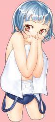 Rule 34 | 1girl, blue hair, clothes pull, covering own mouth, covering privates, garex, hand over mouth, hand over own mouth, one-piece swimsuit, one-piece swimsuit pull, red eyes, school swimsuit, short hair, solo, swimsuit, towel