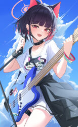 Rule 34 | 1girl, absurdres, animal ears, black choker, black hair, black jacket, blue archive, blue sky, cat ears, choker, clothes around waist, cloud, colored inner hair, fang, guitar, halo, highres, holding, holding guitar, holding instrument, holding microphone, instrument, jacket, jacket around waist, jewelry, kazusa (band) (blue archive), kazusa (blue archive), looking at viewer, microphone, multicolored hair, official alternate costume, open mouth, pang-yo, pink hair, pink halo, red eyes, ring, shirt, short hair, skin fang, skirt, sky, smile, solo, spiked choker, spikes, thigh strap, white shirt, white skirt