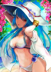 Rule 34 | 1girl, beach, bikini, blue hair, breasts, cowboy shot, floral background, flower, flower ornament, gloves, hat, highres, kula diamond, long hair, looking at viewer, medium breasts, open clothes, open shirt, swimsuit, the king of fighters, white bikini, white hat, yuu (primenumber7)