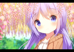 Rule 34 | 1girl, blue eyes, blue hair, blurry, blurry background, blush, brown jacket, chinomaron, closed mouth, collarbone, commentary request, day, depth of field, flower, gochuumon wa usagi desu ka?, hair between eyes, hair ornament, head tilt, hood, hood down, hooded jacket, jacket, kafuu chino, letterboxed, outdoors, pink flower, shirt, signature, smile, solo, white shirt, x hair ornament