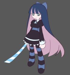 Rule 34 | 1girl, absurdres, aqua eyes, arms at sides, black dress, black footwear, black thighhighs, blue bow, blue hair, blue necktie, blue thighhighs, blunt bangs, bow, breasts, bright pupils, brownish hare, closed mouth, collared shirt, colored inner hair, commentary, dress, dress shirt, english commentary, full body, grey background, hair bow, highres, holding, holding sword, holding weapon, juliet sleeves, lace, lace-trimmed dress, lace trim, light frown, long hair, long sleeves, looking at viewer, medium breasts, multicolored clothes, multicolored dress, multicolored hair, multicolored thighhighs, necktie, panty &amp; stocking with garterbelt, pink hair, puffy sleeves, shirt, shirt under dress, simple background, solo, standing, stocking (psg), straight hair, striped clothes, striped thighhighs, sword, thighhighs, two-tone hair, very long hair, weapon, white dress, white pupils, white shirt