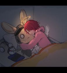 Rule 34 | 1girl, 1other, animal ears, arknights, bed, black jacket, blush, closed mouth, commentary request, doctor (arknights), drooling, expressionless, exusiai (arknights), hair between eyes, hair over one eye, halo, headphones, highres, hood, hooded jacket, hug, indoors, jacket, letterboxed, long sleeves, pajamas, purple pajamas, rabbit ears, red hair, saliva, short hair, sleeping, stuffed animal, stuffed rabbit, stuffed toy, sweatdrop, tianye toshi, under covers, upper body, wings