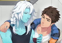 Rule 34 | 700hash, alcohol, alien, brahve (the symbiant), cup, danya (the symbiant), drinking glass, highres, looking at another, male focus, multiple boys, red wine, spacecraft interior, the symbiant, white hair, wine, wine glass