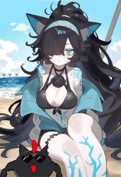 animal_ears bare_legs bare_shoulders beach bikini black_bikini black_hair blue_eyes body_blush breasts cat_ears cat_girl cleavage colored_skin ebora hair_over_one_eye hairband highres jacket kasli_(nyanko_daisensou) long_hair long_sleeves medium_breasts navel nyanko_daisensou outdoors sitting sunglasses swimsuit tattoo thighs white_skin