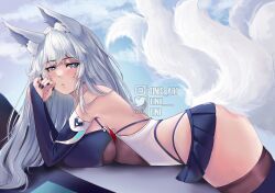 Rule 34 | 1girl, absurdres, animal ear fluff, animal ears, ass, azur lane, bare shoulders, black nails, blue eyes, blue footwear, blue skirt, boots, breasts, bridal gauntlets, cloud, fox ears, fox girl, fox tail, from side, greyscale, highres, instagram username, kitsune, large breasts, long hair, lying, miniskirt, monochrome, multiple tails, on stomach, own hands together, pixiv username, pleated skirt, race queen, shinano (azur lane), shinano (moonlit chrome) (azur lane), skirt, sky, solo, tail, thigh boots, thighhighs, tini, twitter username