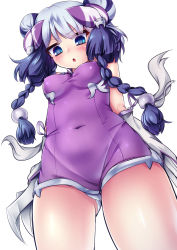 Rule 34 | 1girl, blue eyes, blush, braid, breasts, chinese clothes, claw (weapon), covered navel, double bun, covered erect nipples, from below, hair ornament, haku (p&amp;d), highres, long hair, looking at viewer, looking down, multicolored hair, navel, open mouth, purple hair, puzzle &amp; dragons, samoore, silver hair, solo, twin braids, twintails, weapon