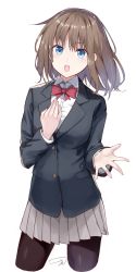 Rule 34 | 1girl, black jacket, black pantyhose, blazer, blue eyes, bow, bowtie, breasts, collared shirt, cropped legs, dress shirt, grey skirt, hair between eyes, highres, jacket, kooan, light brown hair, long hair, long sleeves, looking at viewer, open mouth, original, pantyhose, pleated skirt, red bow, red bowtie, shirt, signature, simple background, skirt, small breasts, solo, teeth, upper teeth only, white background, white shirt
