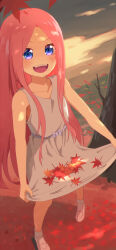 Rule 34 | 1girl, :d, absurdres, aged down, autumn, autumn leaves, bare arms, blue eyes, blush, bow, child, collarbone, commentary, dappled sunlight, day, dress, dress bow, eyebrows hidden by hair, eyelashes, foreshortening, full body, go-toubun no hanayome, happy, highres, leaf, long hair, looking at viewer, maple leaf, mary janes, nakano yotsuba, open mouth, outdoors, parted bangs, pink hair, purple bow, shoes, sidelocks, skirt hold, sleeveless, sleeveless dress, smile, socks, solo, sundress, sunlight, teeth, upper teeth only, very long hair, white dress, white footwear, white socks, yasuba yuichi