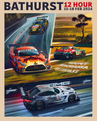 Rule 34 | absurdres, andrew mytro, anniversary, australia, car, commentary, craft-bamboo racing, english commentary, fanatec, flame print, gruppe m racing, gt world challenge australia, highres, mercedes-benz amg gt, motion blur, motor vehicle, mount panorama circuit, national storage racing, no humans, official art, pirelli, promotional art, race vehicle, racecar, real world location, spoiler (automobile), star (symbol), sunenergy1 racing, tree
