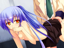 Rule 34 | 10s, 1girl, angel beats!, ass, ass grab, bad id, bad pixiv id, bent over, blue eyes, blush, breasts, clothed sex, doggystyle, hand on own ass, highres, long hair, macchi bou, necktie, nipples, orange eyes, ponytail, sex, sex from behind, skirt, small breasts, solo focus, sweat, tenshi (angel beats!), topless, vaginal