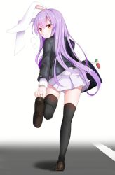 Rule 34 | 1girl, adjusting footwear, animal ears, bag, bag charm, black thighhighs, blush, brown footwear, carrot charm, charm (object), eyelashes, full body, light purple hair, loafers, long hair, long sleeves, looking at viewer, looking back, mixed-language commentary, pleated skirt, rabbit ears, rabbit tail, red eyes, reisen udongein inaba, shoes, sidelocks, skirt, solo, standing, standing on one leg, tail, thighhighs, touhou, white skirt, xialuluo (sharuro)