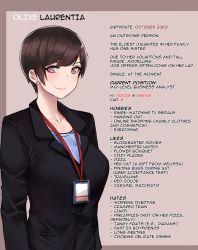 Rule 34 | 1girl, absurdres, blazer, brown hair, character name, character profile, earrings, english text, engrish text, height, highres, id card, jacket, jewelry, lanyard, looking at viewer, norman maggot, office lady, olive laurentia, original, pixie cut, ranguage, short hair, simple background, solo, standing, upper body, weight