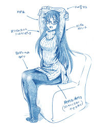 Rule 34 | 1girl, arms up, bbb (friskuser), blue theme, breasts, commentary request, full body, glasses, highres, long hair, long sleeves, looking at viewer, medium breasts, monochrome, no shoes, open mouth, original, pantyhose, pointer, sitting, smile, solo, stretching, sweater, translated, turtleneck, turtleneck sweater, white background
