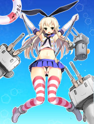 Rule 34 | 10s, 1girl, anchor, anchor hair ornament, armpits, arms up, black panties, blonde hair, blush, cleft of venus, elbow gloves, gloves, hair ornament, hairband, kaneru, kantai collection, lifebuoy, long hair, looking at viewer, midriff, navel, open mouth, panties, panty lift, pantyshot, personification, rensouhou-chan, self wedgie, shimakaze (kancolle), skirt, solo, striped clothes, striped thighhighs, swim ring, thighhighs, thong, underwear, upskirt, wedgie, white gloves, zettai ryouiki