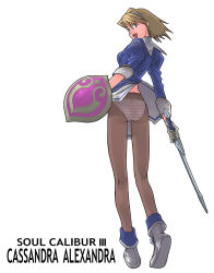 Rule 34 | 1girl, ass, back, boots, brown hair, cassandra alexandra, character name, copyright name, crotch seam, g-room honten, namco, panties, panties under pantyhose, pantyhose, shield, short hair, solo, soul calibur, soulcalibur, soulcalibur iii, striped clothes, striped panties, sword, underwear, weapon, wind, wind lift