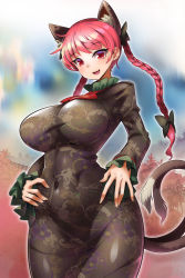 Rule 34 | 1girl, :3, :d, animal ears, black bow, black dress, bow, braid, breasts, cat ears, cat tail, covered navel, cowboy shot, curvy, dress, extra ears, hair bow, highres, impossible clothes, impossible dress, kaenbyou rin, large breasts, long sleeves, looking at viewer, multiple tails, open mouth, red eyes, red hair, short hair with long locks, smile, solo, tail, taut clothes, taut dress, tight clothes, tight dress, touhou, twin braids, two tails, umigarasu (kitsune1963), wide hips