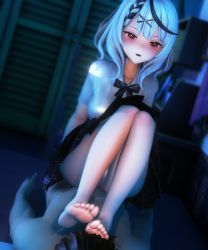 Rule 34 | 1girl, 3d, barefoot, blush, clothed female nude male, feet, highres, hololive, long hair, multicolored hair, nude, panties, pantyshot, parted lips, red eyes, sakamata chloe, school uniform, silver hair, sitting, sitting on person, soles, streaked hair, toes, underwear, virtual youtuber
