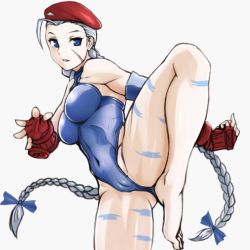 Rule 34 | 1990s (style), 1girl, aegis (nerocc), ahoge, alternate color, alternate eye color, alternate hair color, barefoot, beret, blue eyes, blue leotard, braid, breasts, cameltoe, cammy white, camouflage, capcom, cleft of venus, covered navel, fingerless gloves, fingernails, gloves, hat, knees, large breasts, legs, leotard, long hair, low-tied long hair, plantar flexion, player 2, retro artstyle, silver hair, solo, spread legs, standing, standing on one leg, street fighter, street fighter ii (series), thick thighs, thighs, toes, twin braids
