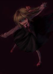 Rule 34 | 1girl, bad id, bad pixiv id, black background, blonde hair, embodiment of scarlet devil, exfeet, fang, female focus, full body, glowing, glowing eyes, highres, outstretched arms, rumia, solo, spread arms, touhou