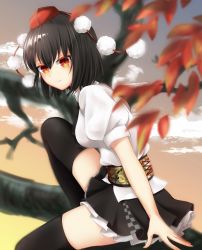 Rule 34 | 1girl, arm support, autumn leaves, black hair, black neckwear, black skirt, black thighhighs, blurry, breasts, closed mouth, cloud, cloudy sky, collared shirt, commentary request, depth of field, evening, feet out of frame, fingernails, frilled skirt, frills, from side, gradient sky, hair between eyes, hat, highres, in tree, knee up, large breasts, leaning forward, light smile, looking at viewer, orange sky, outdoors, petticoat, pom pom (clothes), puffy short sleeves, puffy sleeves, red eyes, red hat, sash, shameimaru aya, shirt, short hair, short sleeves, sitting, sitting in tree, skirt, sky, solo, tayutai (user xruy3332), thighhighs, tokin hat, touhou, tree, white shirt, zettai ryouiki