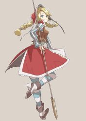 Rule 34 | 1girl, blonde hair, blue eyes, braid, brown footwear, cordelia (saga), from side, full body, grey background, head scarf, holding, holding polearm, holding spear, holding weapon, long hair, long sleeves, looking at viewer, matsutani, pantyhose, polearm, puffy sleeves, saga, saga frontier 2, simple background, solo, spear, striped clothes, striped pantyhose, thighhighs, twin braids, vertical stripes, weapon