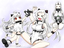 Rule 34 | &gt; &lt;, 10s, 3girls, :d, = =, > <, abyssal ship, ahoge, aircraft, airfield princess, airplane, breasts, claws, covered mouth, detached sleeves, dress, closed eyes, highres, holding, horns, kantai collection, large breasts, leotard, long hair, mittens, multiple girls, northern ocean princess, open mouth, pale skin, rakku (10219563), red eyes, ribbed dress, seaport princess, seiza, short dress, single horn, sitting, smile, white hair, xd
