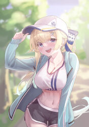 Rule 34 | 1girl, absurdres, aizawa ema, baseball cap, black shorts, blonde hair, blue bow, blue eyes, blue jacket, blurry, blurry background, blush, bow, breasts, cleavage, contrapposto, cowboy shot, crotch seam, dolphin shorts, eyes visible through hair, gradient hair, hair bow, hair ornament, hairclip, hand on headwear, hat, highres, jacket, kurumi tsuchi, large breasts, long hair, looking at viewer, midriff, multicolored hair, navel, open clothes, open jacket, open mouth, outdoors, short shorts, shorts, smile, solo, sports bra, sportswear, stomach, sweat, track jacket, tree, very long hair, virtual youtuber, vspo!, white hat, white sports bra, zipper