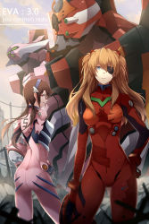 Rule 34 | 10s, 2girls, blue eyes, bodysuit, brown hair, english text, evangelion: 3.0 you can (not) redo, eyepatch, glasses, hair ornament, hairband, highres, long hair, looking at viewer, makinami mari illustrious, multiple girls, neon genesis evangelion, ng (chaoschyan), orange hair, plugsuit, rebuild of evangelion, shiny clothes, smile, souryuu asuka langley, standing, twintails