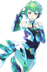 Rule 34 | 1girl, flat chest, green hair, hand on own chest, highres, idol, looking at viewer, m rgfn, macross, macross delta, navel, pointy ears, reina prowler, short hair, solo, white background