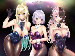 Rule 34 | 3girls, aizawa ema, bare shoulders, between breasts, black bow, black bowtie, black choker, black gloves, black hair, black nails, black pantyhose, blonde hair, blue bow, blue bowtie, blue eyes, blue gemstone, blue leotard, blunt bangs, bob cut, bow, bowtie, breasts, brown pantyhose, cat earrings, choker, closed mouth, colored inner hair, covered navel, detached collar, ear piercing, earrings, fishnet pantyhose, fishnets, gem, gloves, gradient hair, green hair, grey hair, hair flaps, hair ornament, hairclip, hands on own chest, highleg, highleg leotard, highres, jewelry, lace, lace choker, large breasts, leaning forward, leotard, long hair, looking at viewer, medium breasts, multicolored hair, multiple girls, o-ring, o-ring choker, pantyhose, piercing, pink eyes, pink hair, playboy bunny, prsdubstep, purple leotard, short hair, side-tie leotard, signature, single leg pantyhose, smile, split-color hair, star (sky), strapless, strapless leotard, streaked hair, tachibana hinano (vtuber), thighhighs, tosaki mimi, twintails, two-tone hair, very long hair, virtual youtuber, vspo!, white thighhighs, wing collar, wrist cuffs, x hair ornament