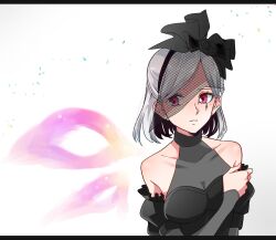 Rule 34 | 1girl, bare shoulders, black dress, breasts, cleavage, commentary request, covered collarbone, detached sleeves, dress, grey hair, highres, identity v, kashikaze, large breasts, medium hair, mole, mole under eye, parted lips, red eyes, see-through, see-through cleavage, sleeveless, sleeveless dress, solo, upper body, veil, vera nair, vera nair (fatal affection), white background