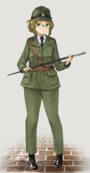 Rule 34 | 1girl, alternate costume, black footwear, black necktie, breast pocket, brown hair, folded ponytail, full body, glasses, green eyes, holding, holding stick, imperial japanese navy, kantai collection, katori (kancolle), looking at viewer, military, military uniform, necktie, parted bangs, pocket, smile, solo, stick, toka (marchlizard), uniform