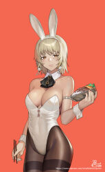 Rule 34 | 1girl, animal ears, armband, artist logo, artist name, black ribbon, blonde hair, bowl, breasts, chainsaw man, chopsticks, cowboy shot, detached collar, earrings, fake animal ears, fami (chainsaw man), holding, holding bowl, jewelry, leotard, looking at viewer, medium breasts, mole, mole under eye, mole under mouth, multiple moles, neck ribbon, orange background, pantyhose, parted lips, playboy bunny, rabbit ears, ribbon, ringed eyes, short hair, simple background, siriuflong, solo, strapless, strapless leotard, tassel, tassel earrings, thighband pantyhose, white armband, white leotard, wrist cuffs, yellow eyes